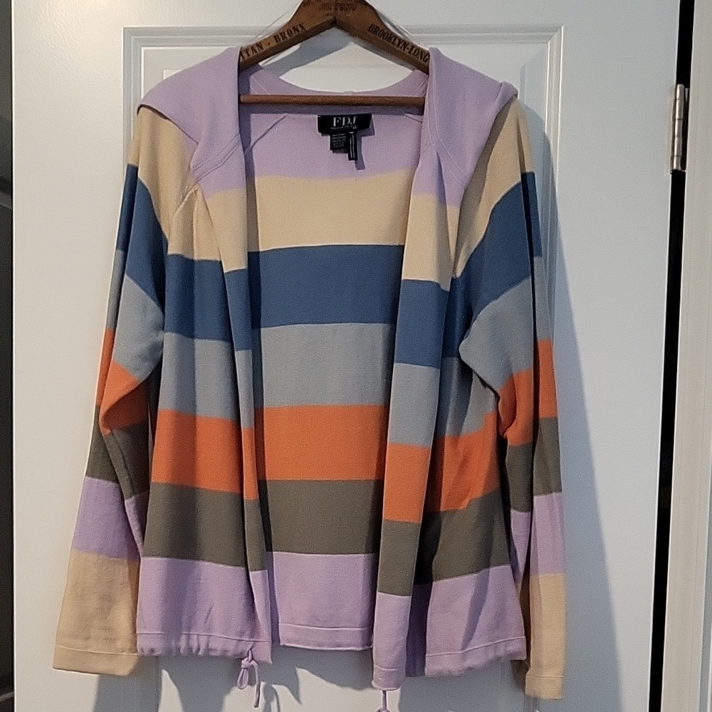 Women’s Hooded Striped Open Cardigan - Lavender, Blue & Orange